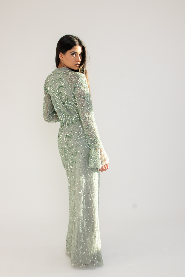 Sage Sequin Evening Dress With Flare Sleeves