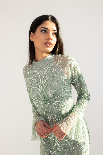 Sage Sequin Evening Dress With Flare Sleeves