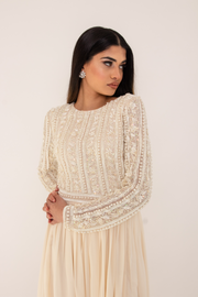 Cream Embellished Flowy Dress With Sleeves