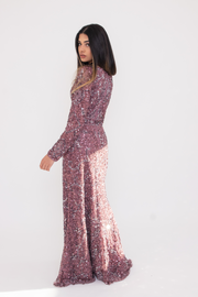 Purple Embellished Evening Dress With Long Sleeves