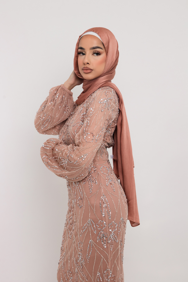 Tan Pink Embellished Wrap Dress With Balloon Sleeve