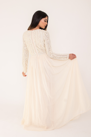 Cream Embellished Flowy Dress With Sleeves