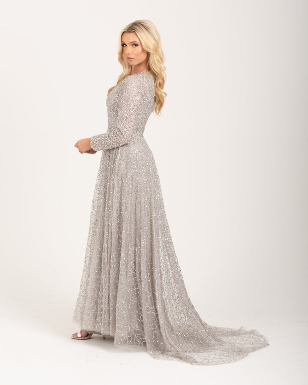 Grey Long Sleeve Sequin Maxi Dress With Trail