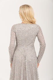 Grey Long Sleeve Sequin Maxi Dress With Trail