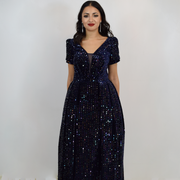 long navy sequin dress with trail